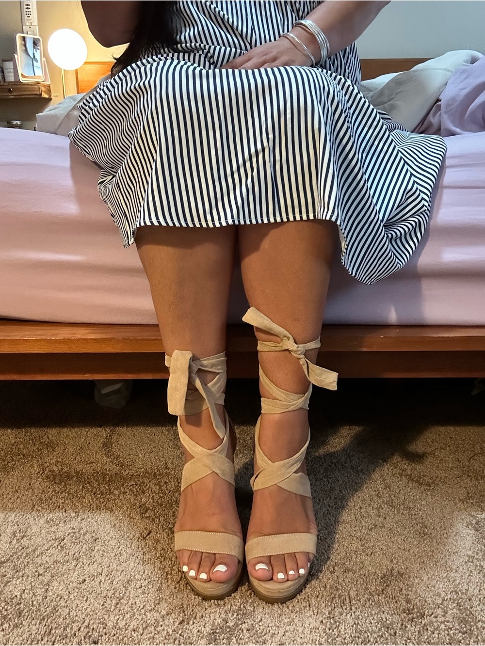 Fashion Nova Tan Suede Platform Wrap-Heel Sandals